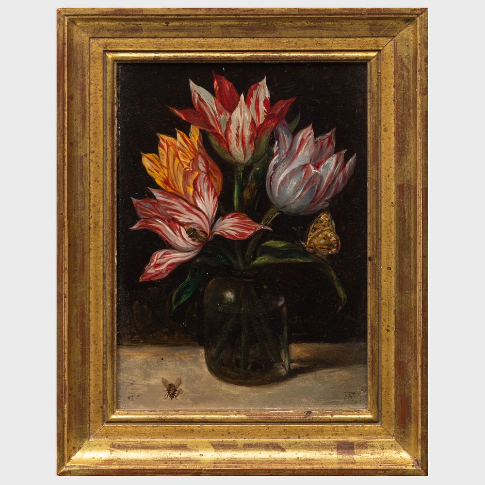 Appraisal: Continental School Tulips Oil on board signed with an indistinct