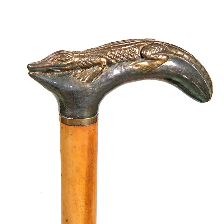 Appraisal: Silver Alligator Cane Ca - A silver plated over copper