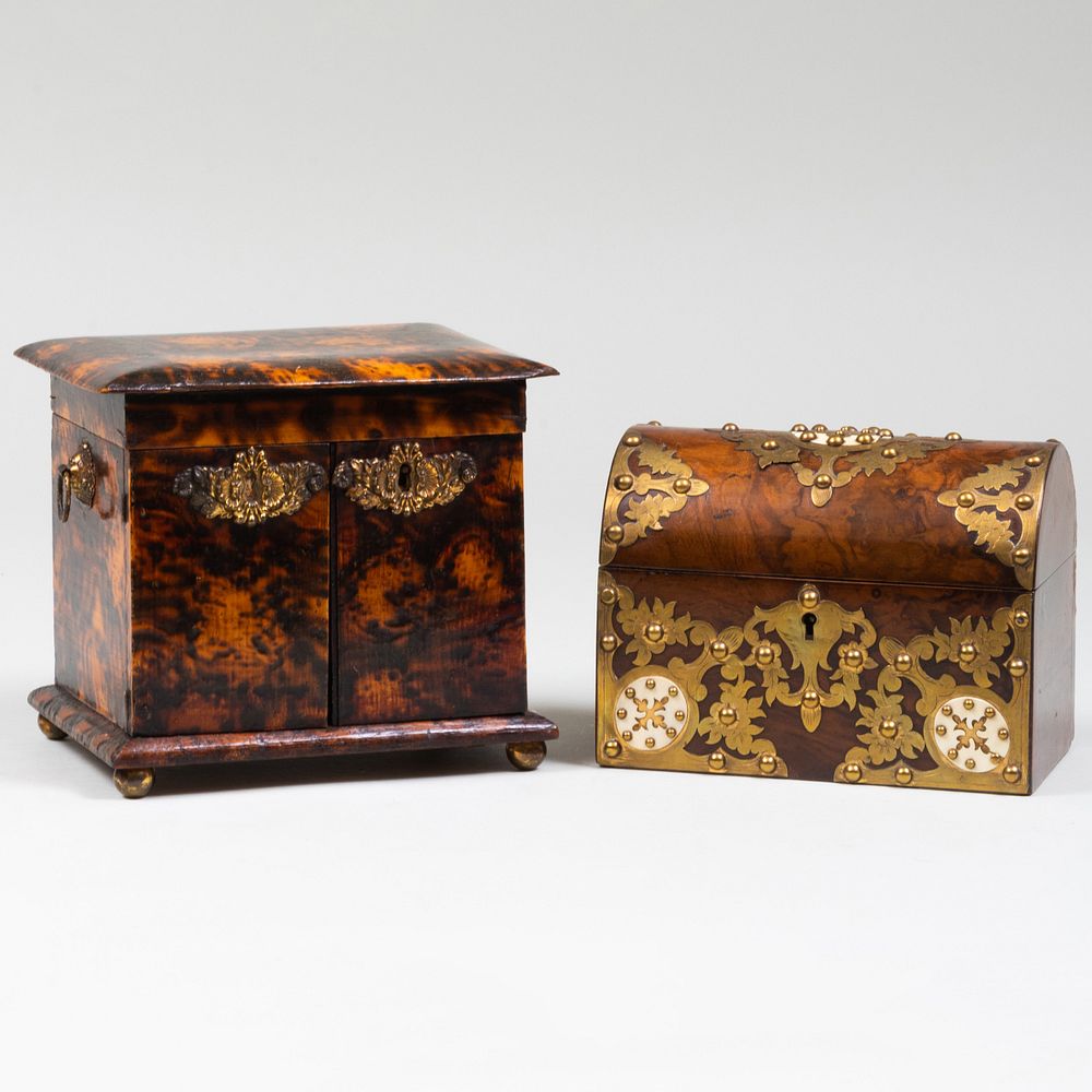 Appraisal: English Brass-Mounted Bone Inlaid Burl Table Box and a Faux