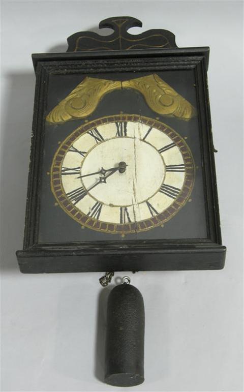 Appraisal: BLACK PAINTED HANGING WALL CLOCK The rustic painted wood clock