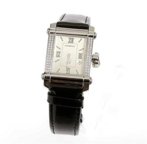 Appraisal: BRILLIANT-CUT DIAMOND WRISTWATCH PHILIPPE CHARRIOL COLVMBVS Steel Ref CCSTRH Rectangular