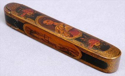 Appraisal: PERSIAN LACQUER PEN BOX WITH EUROPEAN SUBJECTS The sliding case