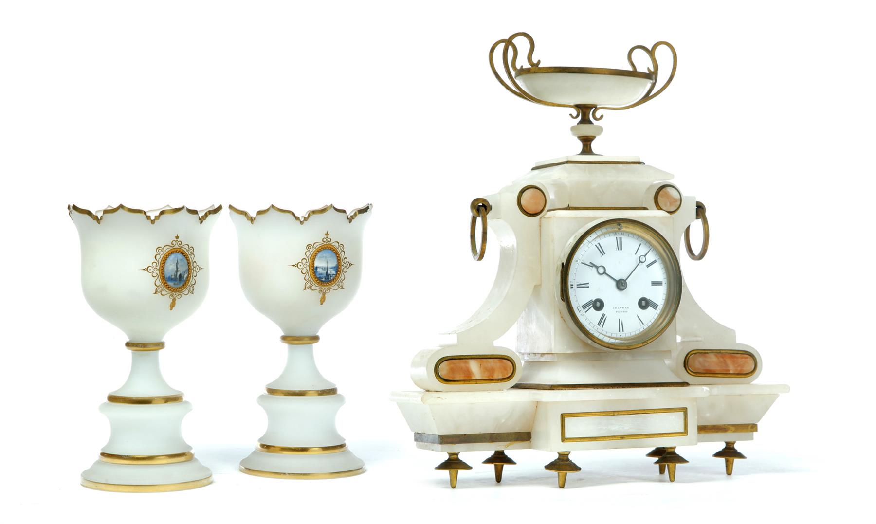 Appraisal: ALABASTER CLOCK WITH NICELY MATCHED PAIR OF OPALENE URN VASES