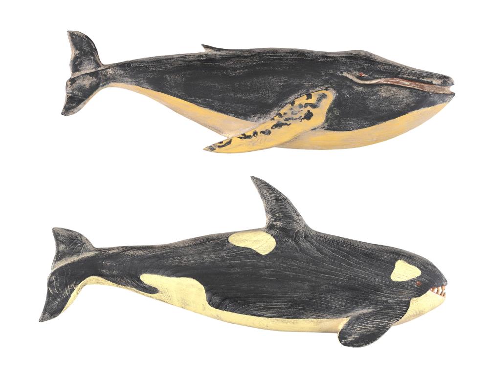 Appraisal: TWO VOORHEES-STYLE CARVED AND PAINTED WOODEN WHALE PLAQUES LENGTHS APPROX