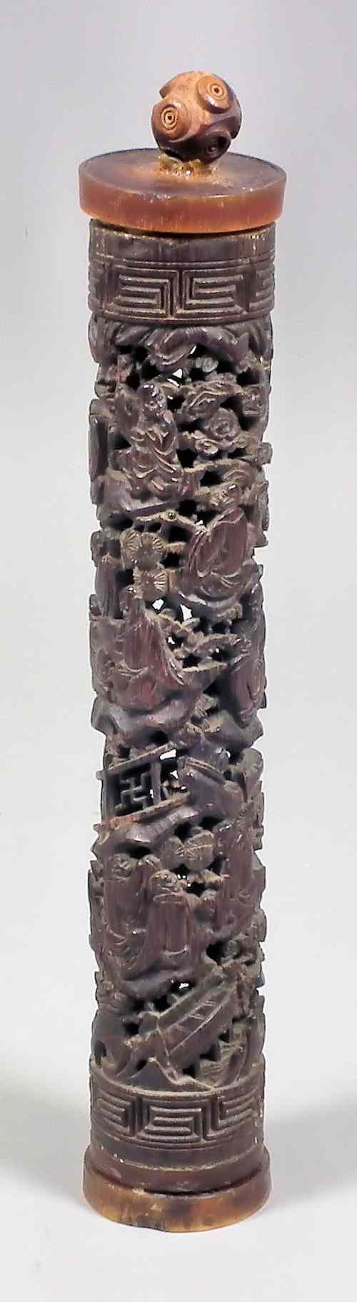 Appraisal: A Chinese pierced bamboo parfumier carved with figures at leisure