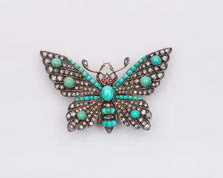 Appraisal: Silver Yellow Gold Turquoise and Diamond Butterfly Brooch SILVER YELLOW