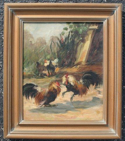 Appraisal: FEY Carl German th C Cockfight OIL Canvas '' x