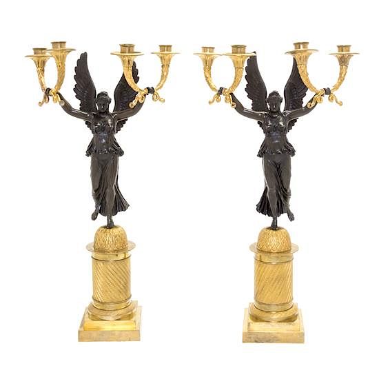 Appraisal: A Pair of Empire Gilt and Patinated Bronze Four-Light Candelabra