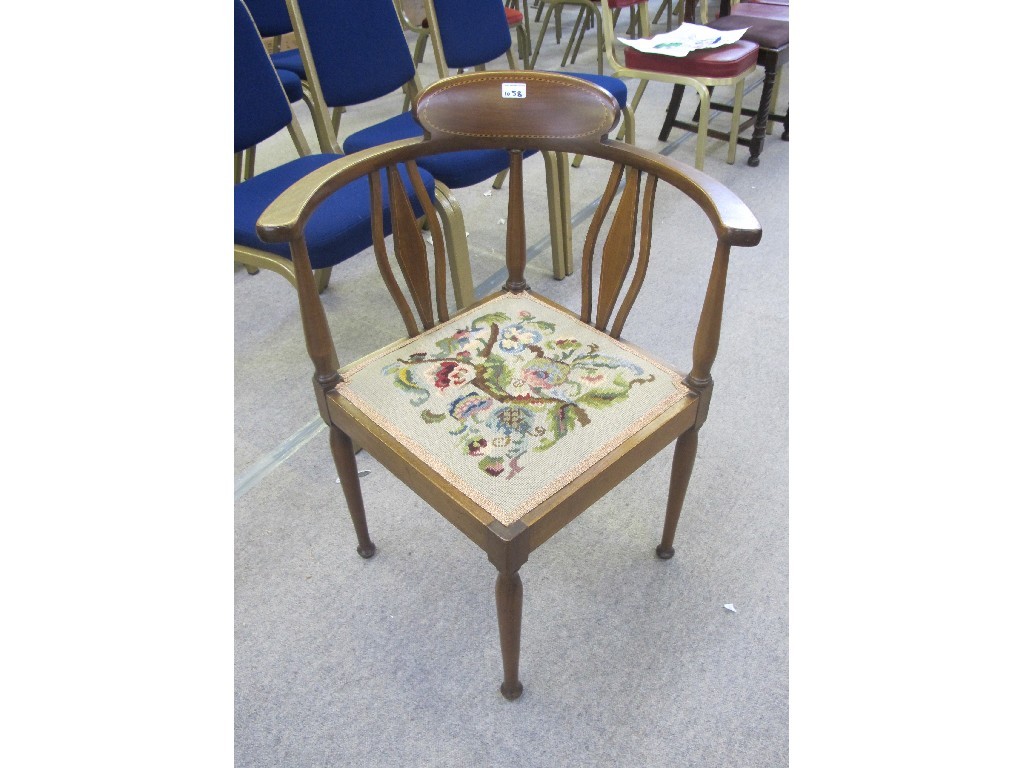 Appraisal: Mahogany inlaid corner chair with tapestry seat