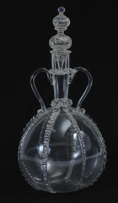 Appraisal: ITALIAN CRYSTAL DECANTER WITH STOPPER delicate handles applied ribbon overall