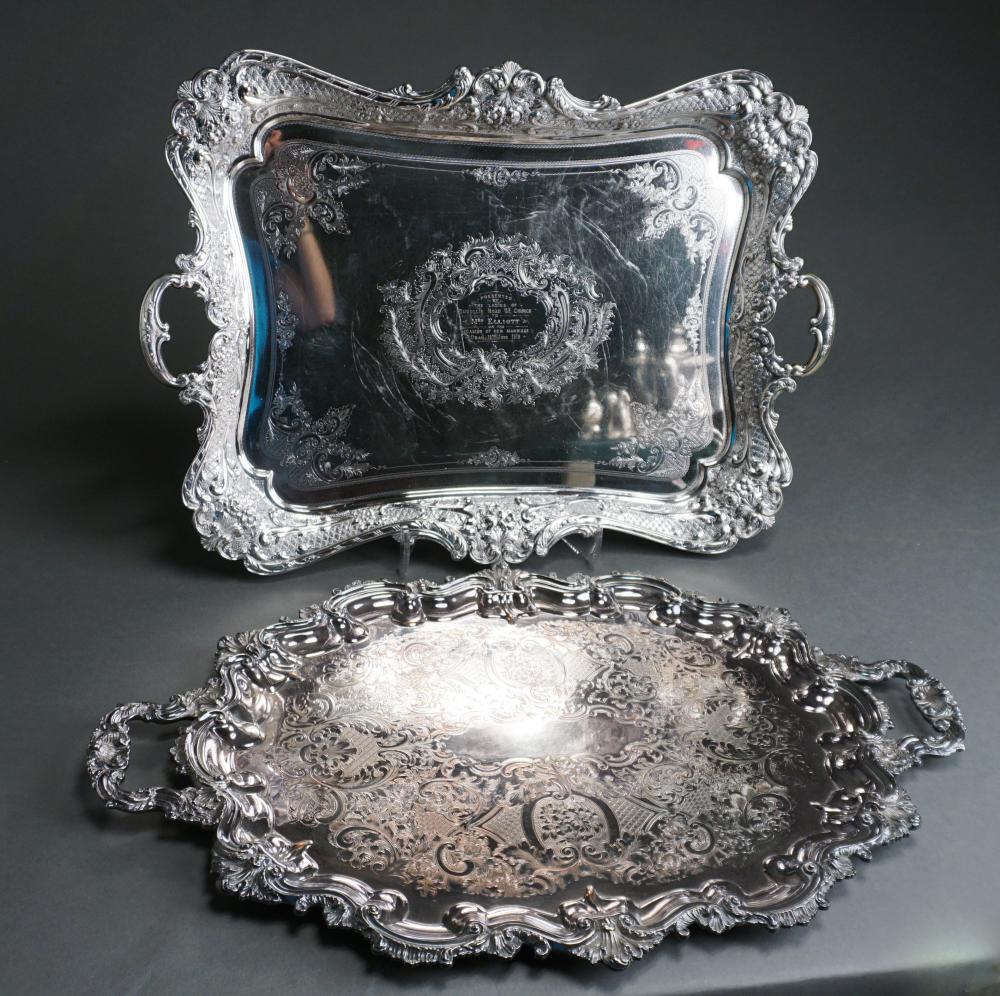 Appraisal: TWO SILVERPLATE TWO-HANDLED BUTLER TRAYS ENGLISH SILVER ON COPPER AND