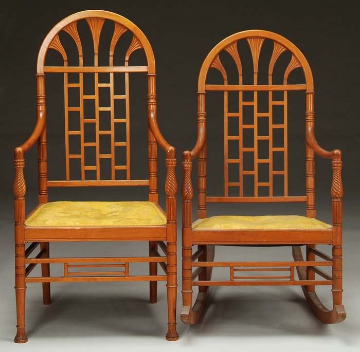 Appraisal: INTERESTING MATCHED ROCKER AND ARMCHAIR ATTRIBUTED TO THE DESIGN OF