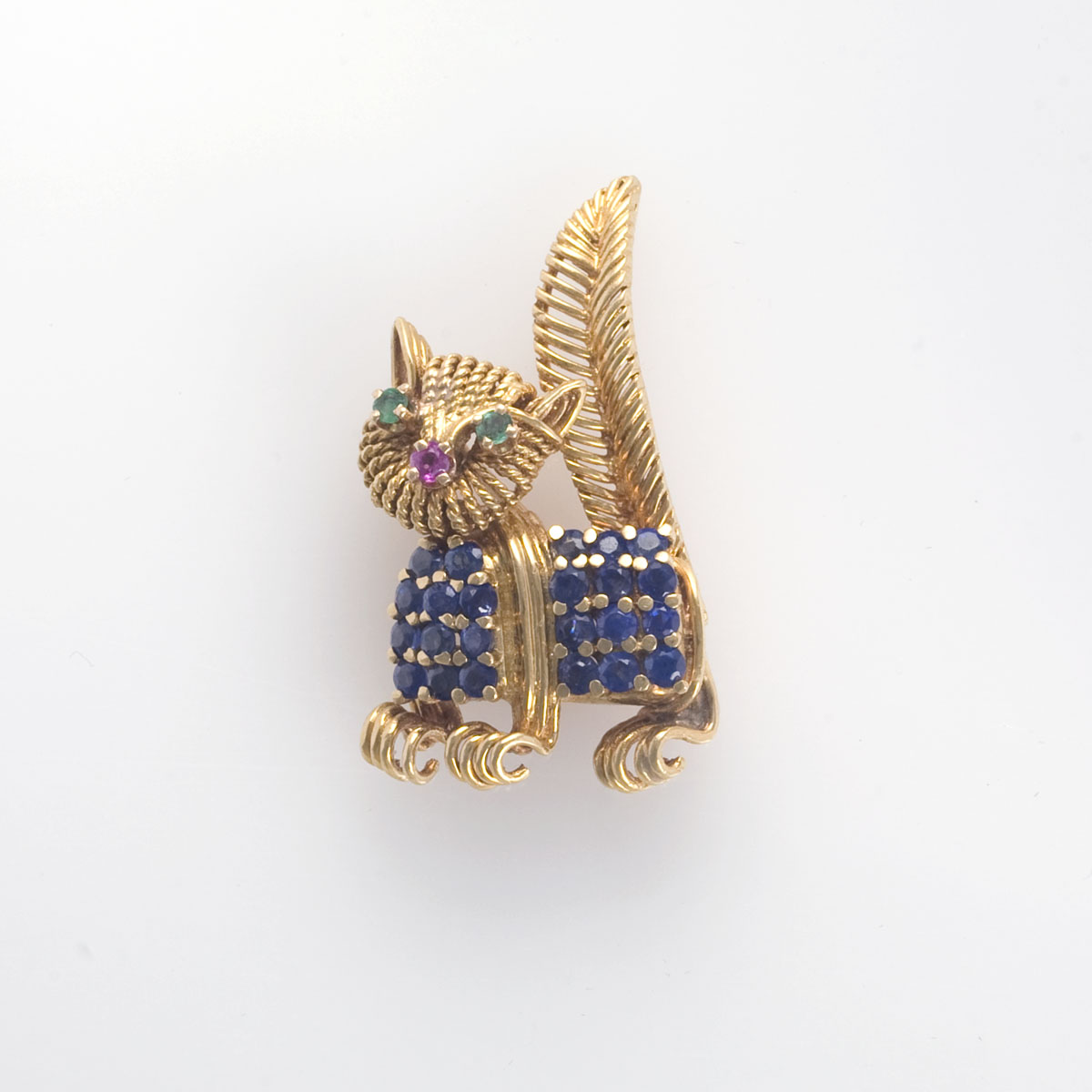 Appraisal: TIFFANY SAPPHIRE EMERALD RUBY AND GOLD CAT BROOCH The brooch