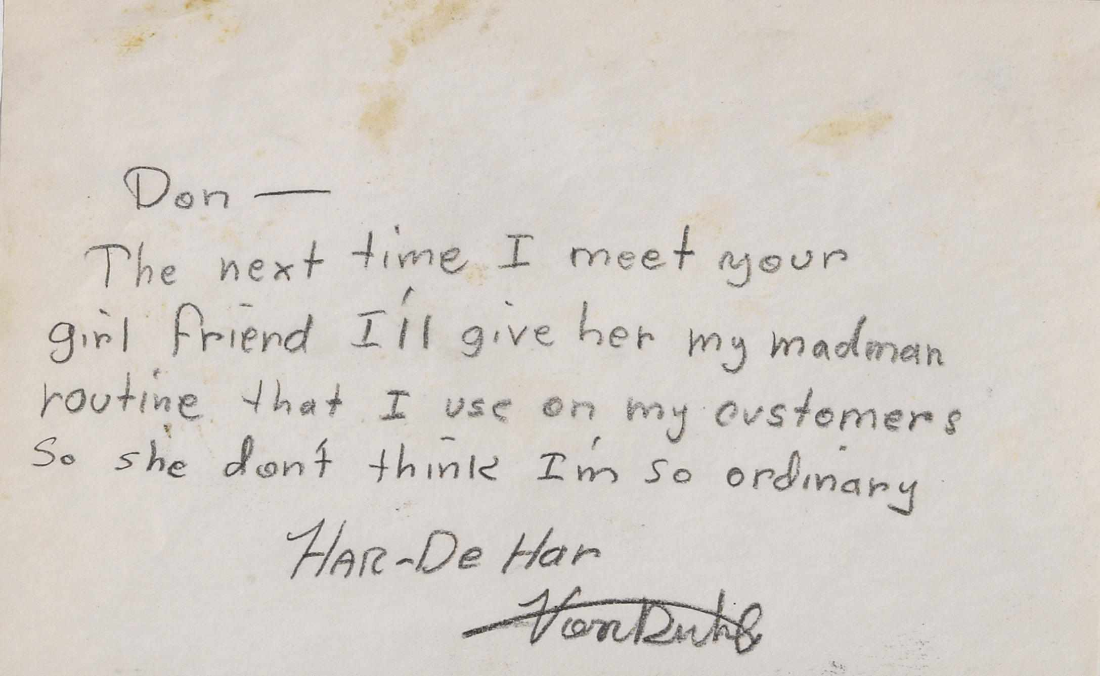 Appraisal: Von Dutch-handwritten note From Von Dutch to Don Baumunk Sr