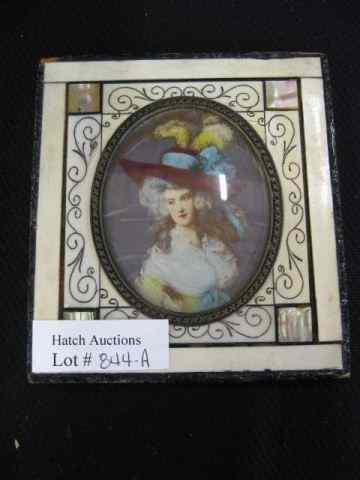 Appraisal: Miniature Portrait on Ivory of a Woman fancy feathered hat