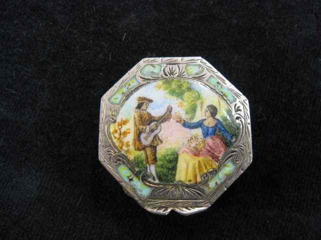 Appraisal: Italian Enameled Silver Pill Box courting scene hexagon fine ''