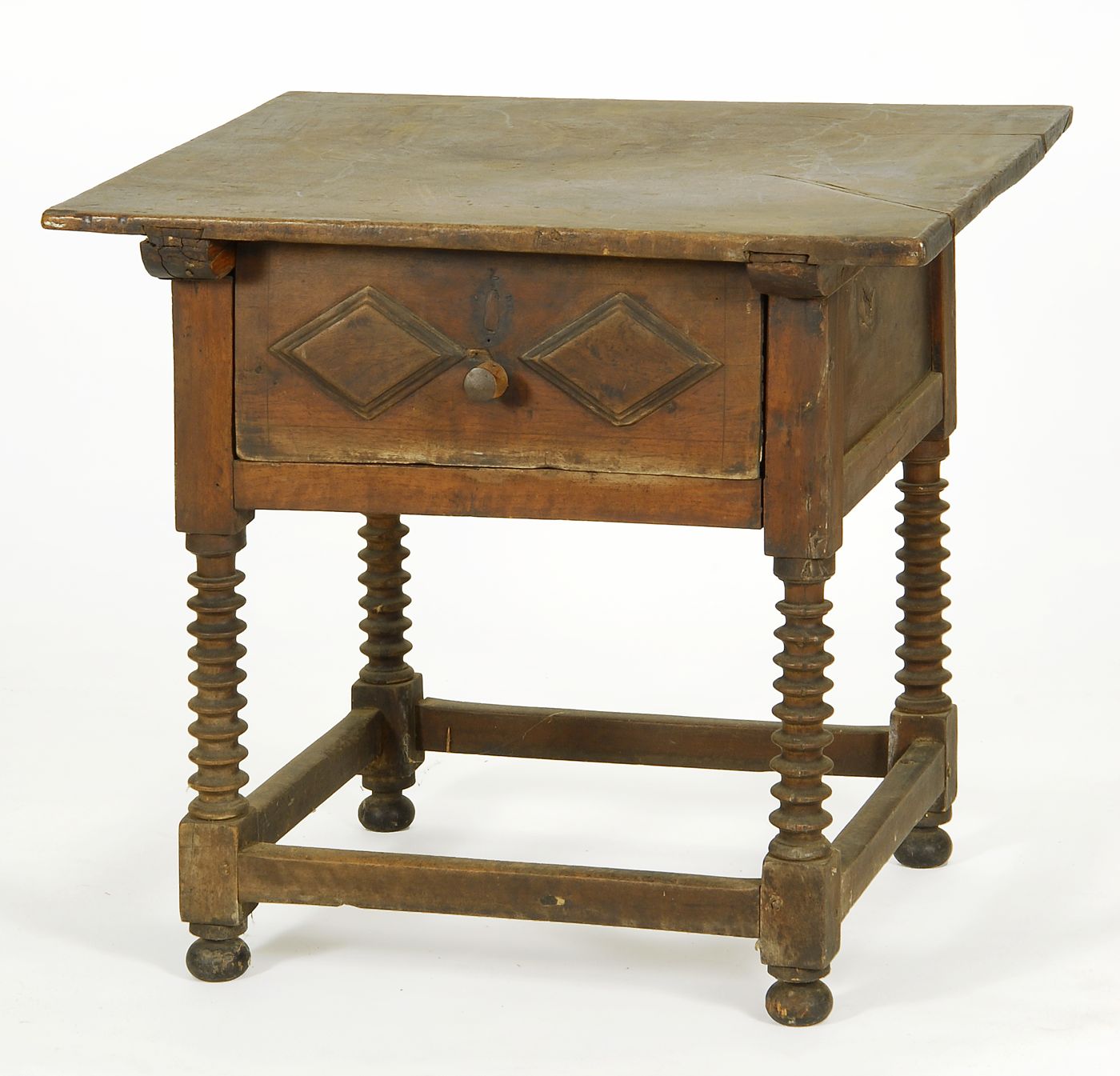 Appraisal: ANTIQUE ONE-DRAWER TABLE Early th CenturyIn walnut with cleated top