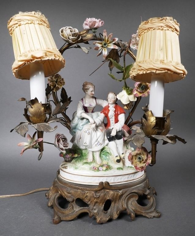 Appraisal: Dresden style antique German porcelain figural group on Italian tole