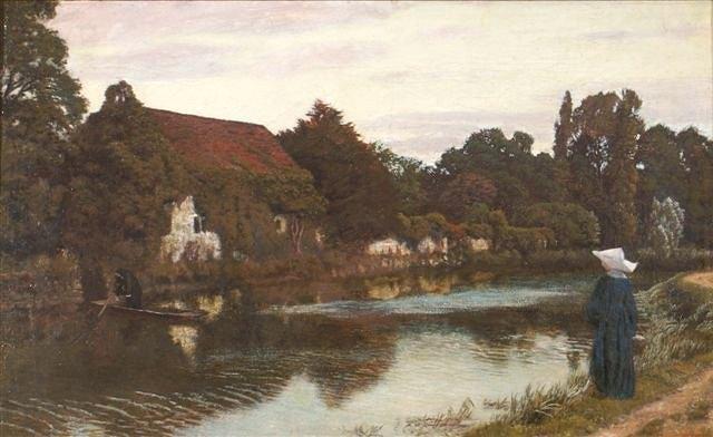 Appraisal: ARTHUR HUGHES - - River landscape with figure in traditional