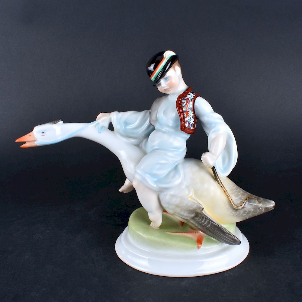 Appraisal: Herend Figurine Herend Porcelain Figurine Boy Riding A Goose Signed