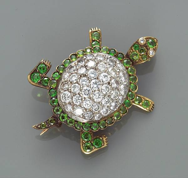 Appraisal: A demantoid garnet and diamond turtle brooch estimated total diamond