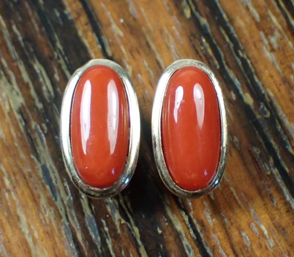 Appraisal: PAIR OF RED CORAL AND FOURTEEN KARAT GOLD EARRINGS each