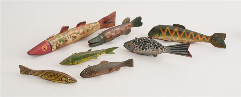 Appraisal: SEVEN CARVED AND PAINTED WOOD FISH With tin fins and