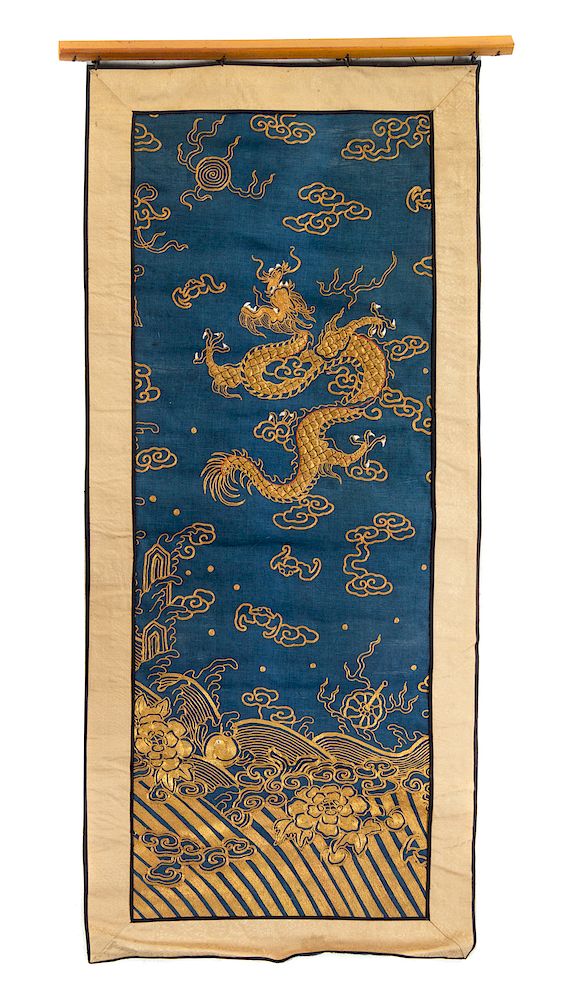 Appraisal: Three Embroidered Silk 'Dragon' Panels Largest height in cm Three