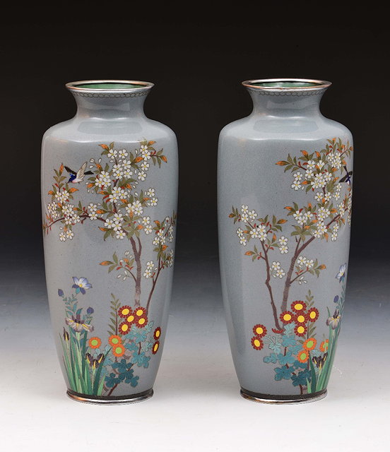 Appraisal: Pair of Japanese cloisonne vasesof grey ground decorated with birds