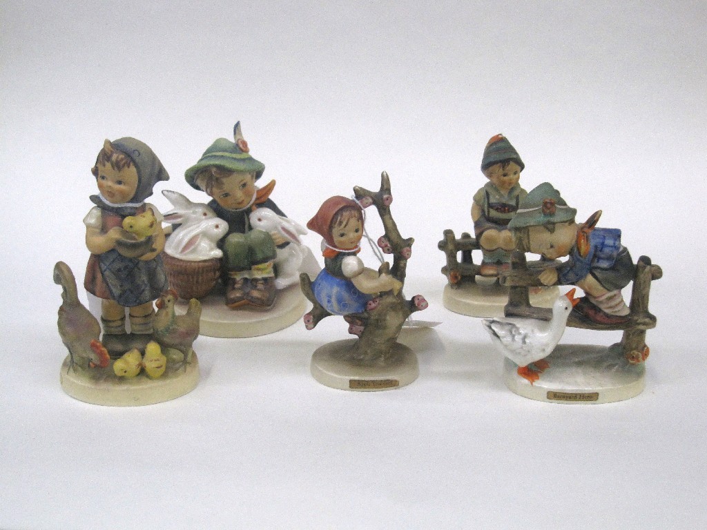 Appraisal: Five Hummel figures to include 'Feeding Time' and 'Playmates' both