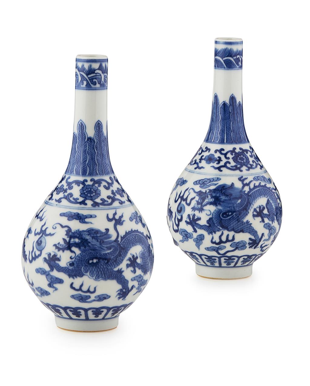 Appraisal: PAIR OF BLUE AND WHITE BOTTLE VASES QING DYNASTY TH