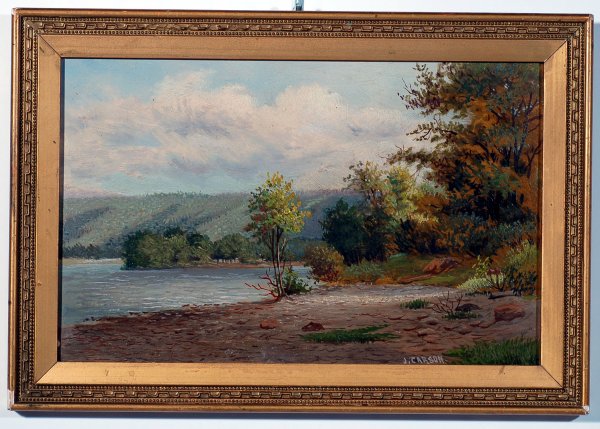 Appraisal: Landscape of tree lined shore of river oil on board