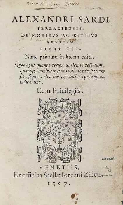 Appraisal: Sardi Alessandro De Moribus ac Ritibus Gentium Libri III first