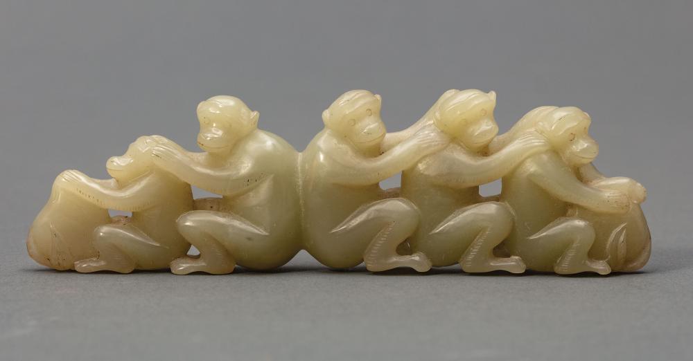 Appraisal: Chinese Celadon Jade Monkey and Peach Group carved in a