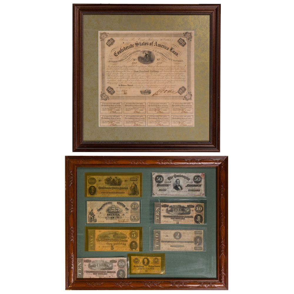 Appraisal: CONFEDERATE BOND AND CURRENCY ASSORTMENT items including bond having coupon