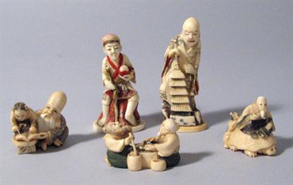 Appraisal: Five Japanese ivory and polychrome models th century Comprised of