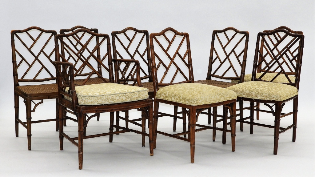 Appraisal: SET FAUX BAMBOO CANED CHIPPENDALE STYLE CHAIRS United States Early