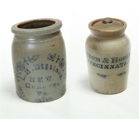 Appraisal: TWO STONEWARE JARS American nd half- th century Stenciled cobalt