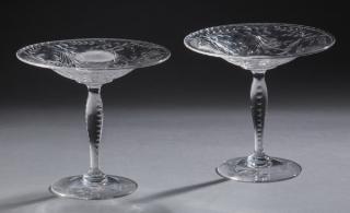 Appraisal: Pair of floral etched crystal compotes Pair of floral etched