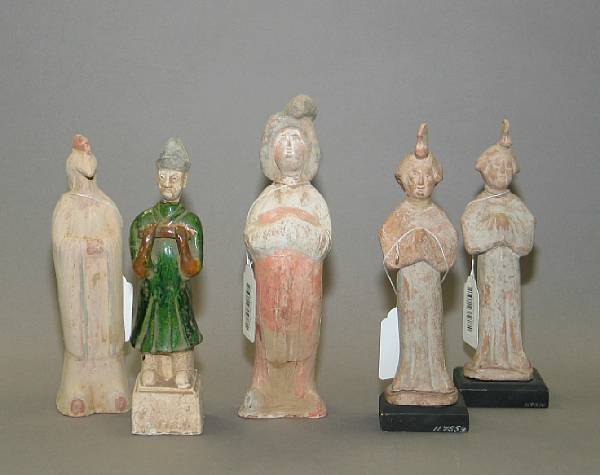 Appraisal: Four painted pottery figures Of Tang Dynasty style three depicting