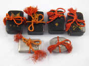 Appraisal: Six Japanese trinket boxes with cord ties circa four gilt