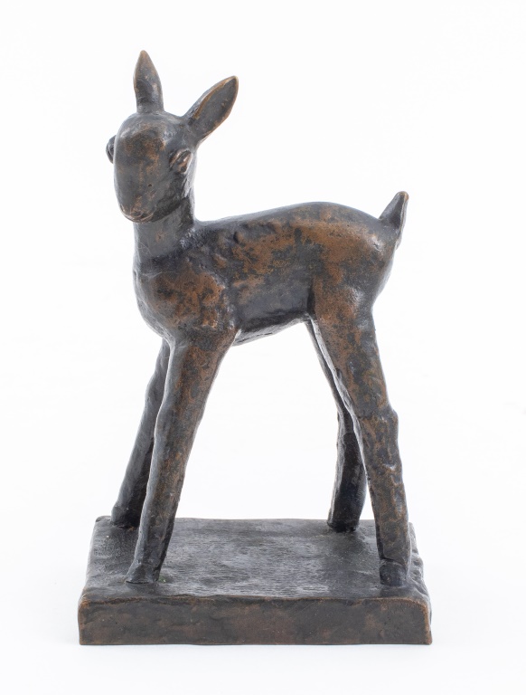 Appraisal: SIGNED ART DECO PATINATED BRONZE DEER SCULPTURE Art Deco patinated