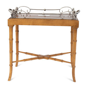 Appraisal: An English Silverplate Mounted Mahogany Tray on a Faux-Bamboo Stand