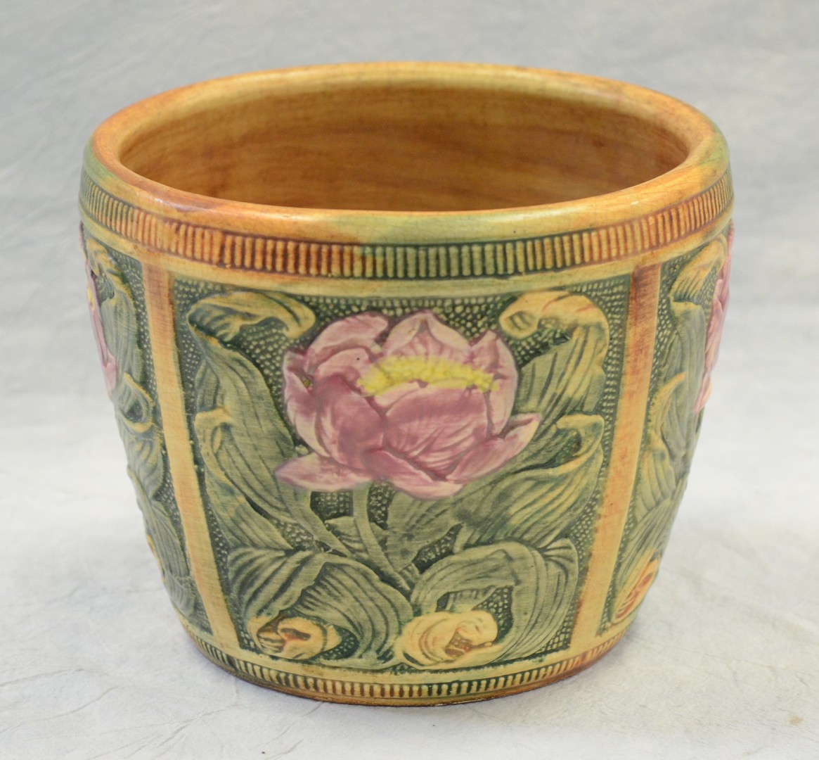 Appraisal: Weller Pottery jardiniere polychrome floral design no issues h x