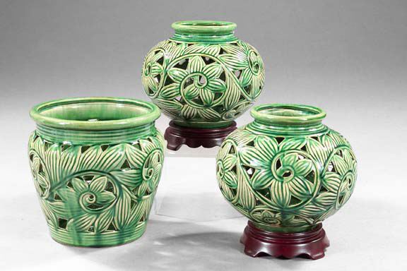 Appraisal: Fine Three-Piece Thai Elaborately Floral-Reticulated Earthenware Garniture in gloss emerald