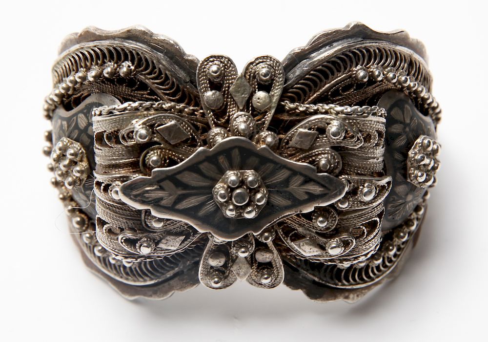 Appraisal: Russian Silver Filigree w Niello Cuff Bracelet Russian silver filigree