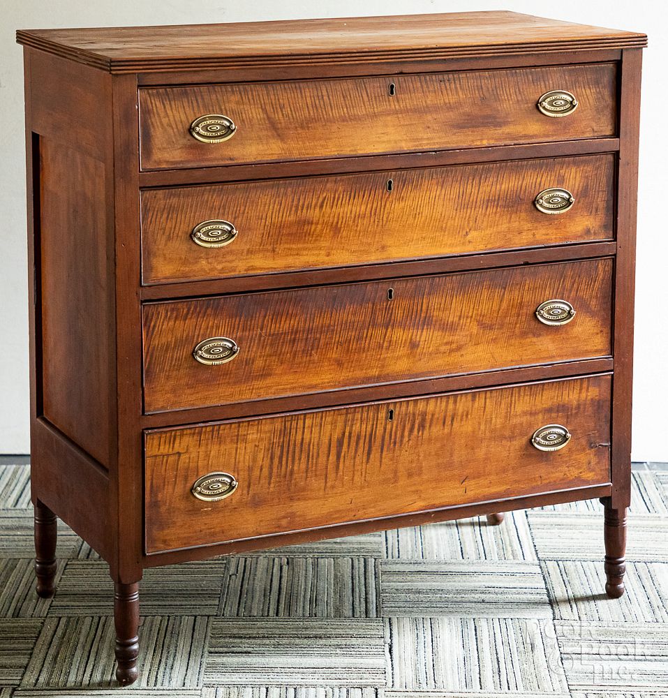 Appraisal: Sheraton tiger maple and cherry chest of drawers Sheraton tiger