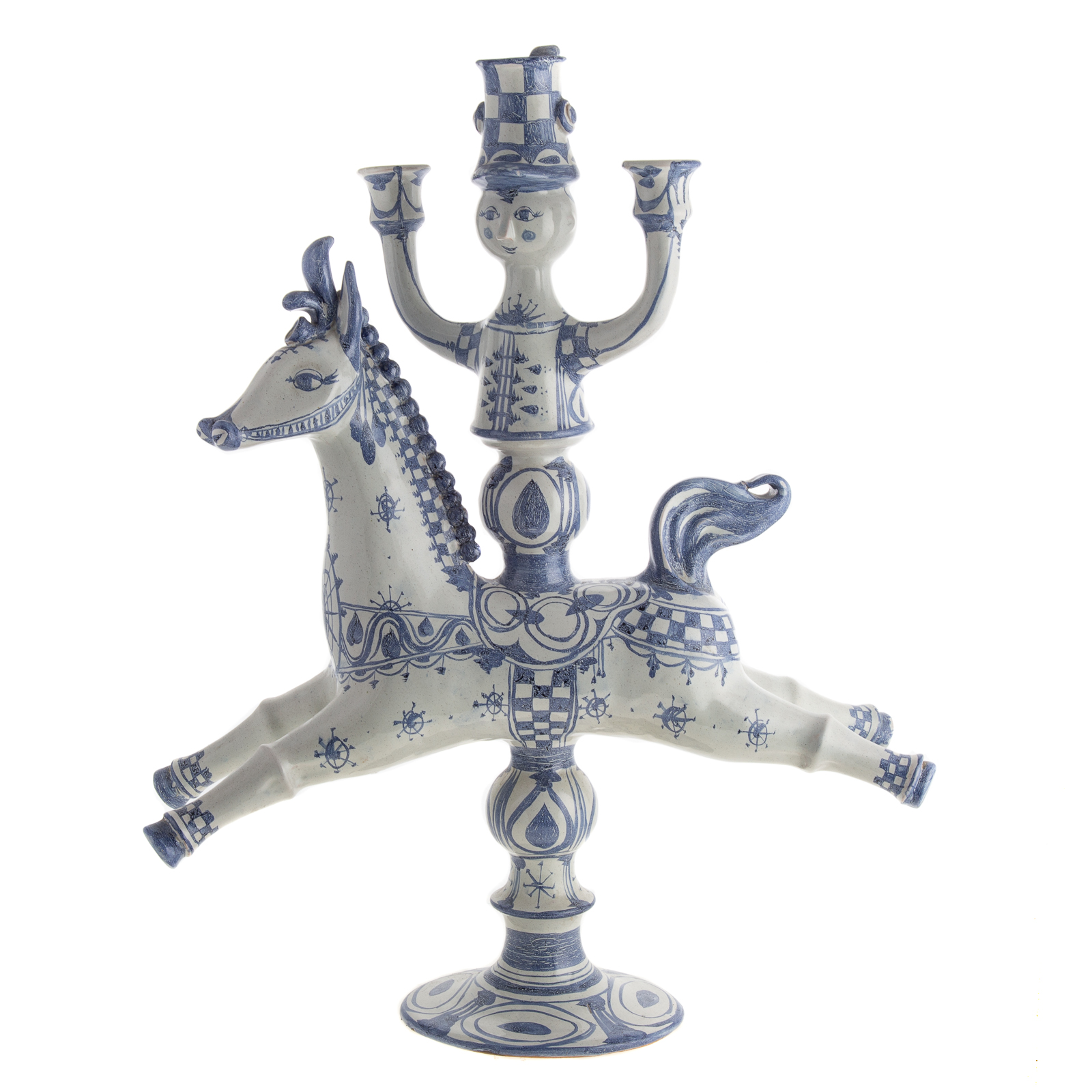 Appraisal: BJORN WIINBLAD FAIENCE HORSE RIDER CANDELABRA Danish - Large stylized