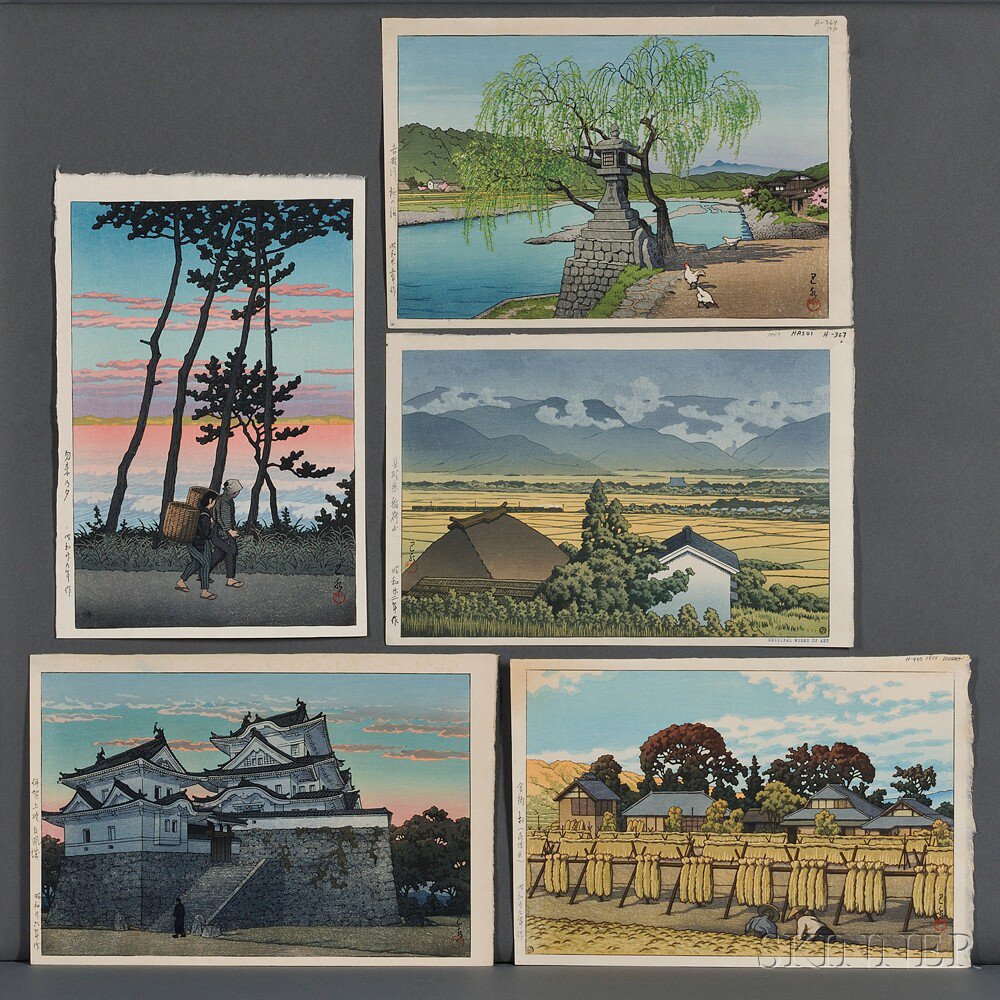 Appraisal: Kawase Hasui - Five Color Woodblocks Japan Hakuho Castle at