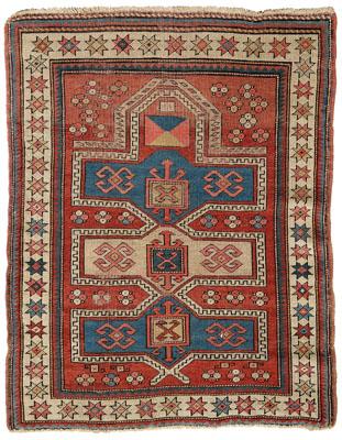 Appraisal: Kazak prayer rug joined rectangular panels on a faded red